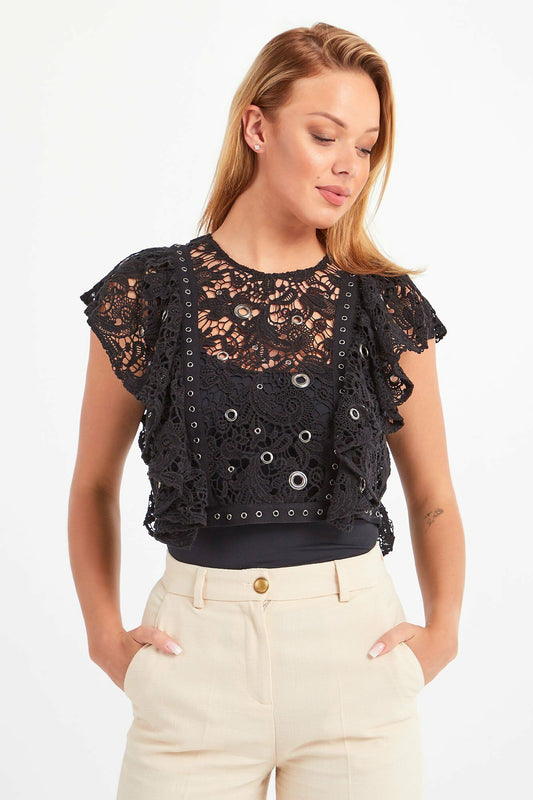 Sleeveless Cotton Lace Top with Eyelet Details