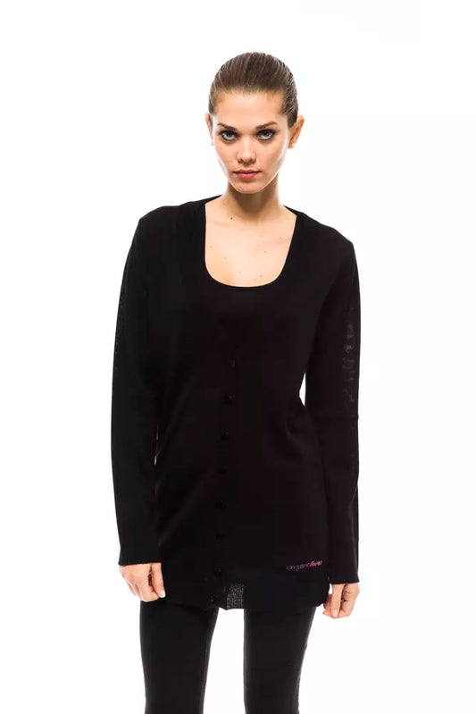 Chic Black Long Cardigan with Logo Detail