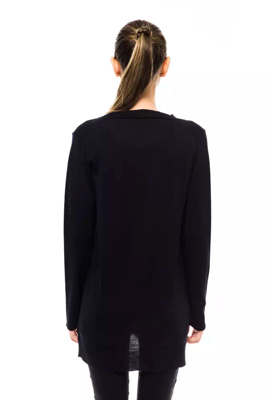 Chic Blue Long Cardigan with Logo Appliqué