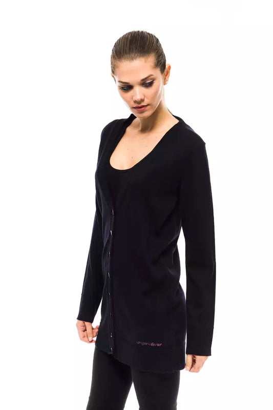 Chic Blue Long Cardigan with Logo Appliqué
