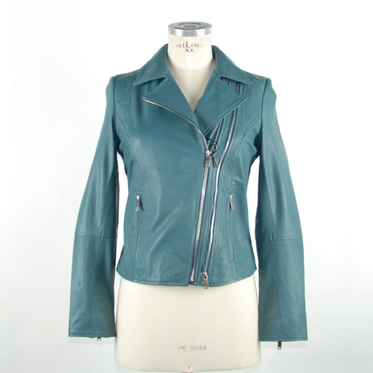 Chic Blue Leather Jacket with Zip Closure