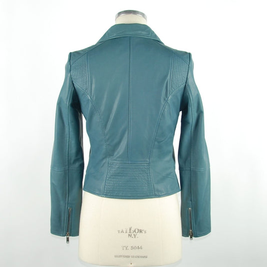 Chic Blue Leather Jacket with Zip Closure