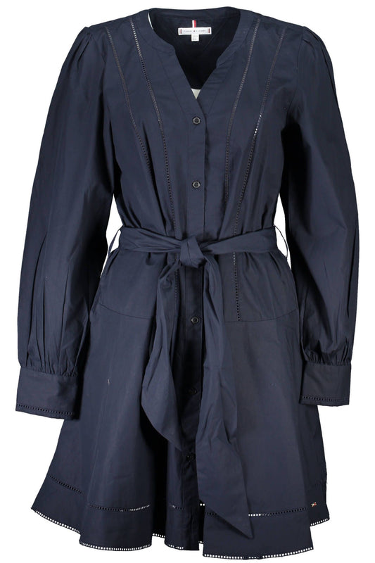 Chic Blue Contrast-Button Dress with Logo Detail