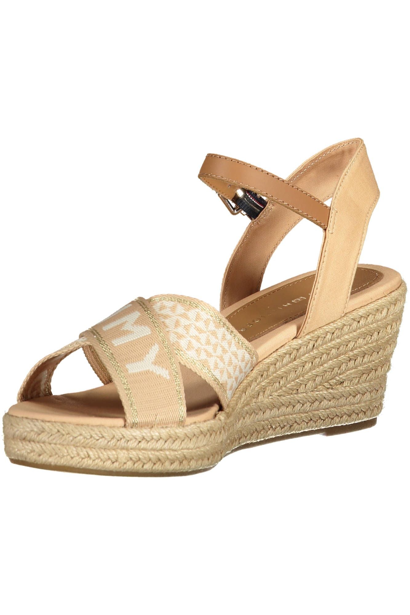 Beige Ankle Strap Wedge Sandal with Logo Accent