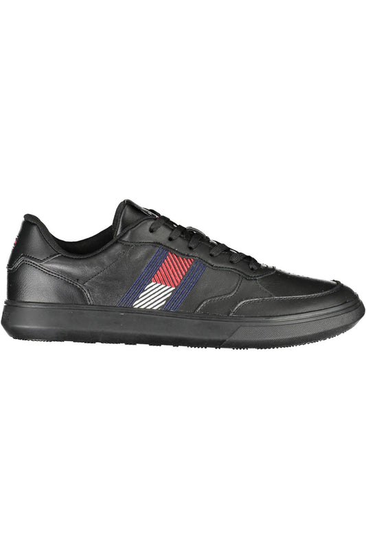 Iconic Black Leather Sneakers with Embroidery Accent