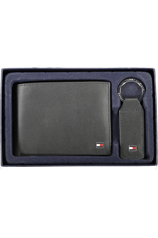 Sleek Black Leather Wallet and Keychain Set