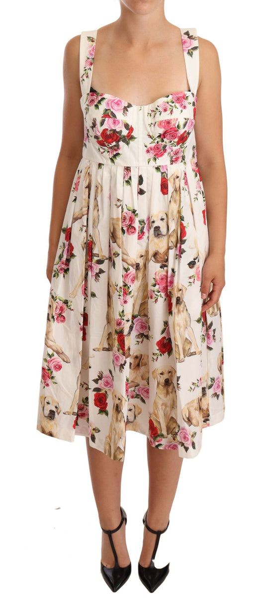 White Floral Dog Print Cotton Pleated Gown Dress