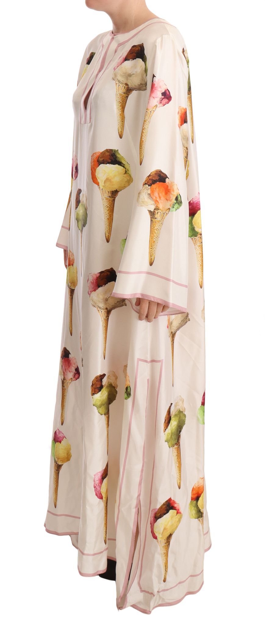 White Silk Ice Cream Print Maxi Kaftan Dress